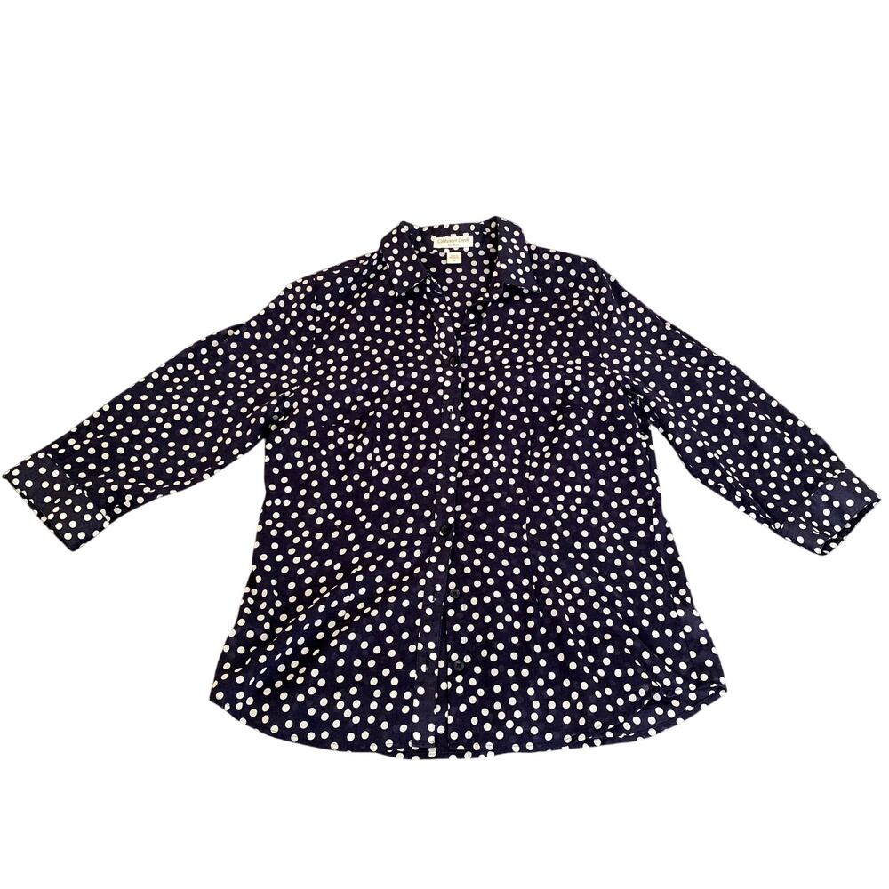 Coldwater Creek Navy/White Polka Dot 100% Cotton Semi Sheer Blouse Size L
